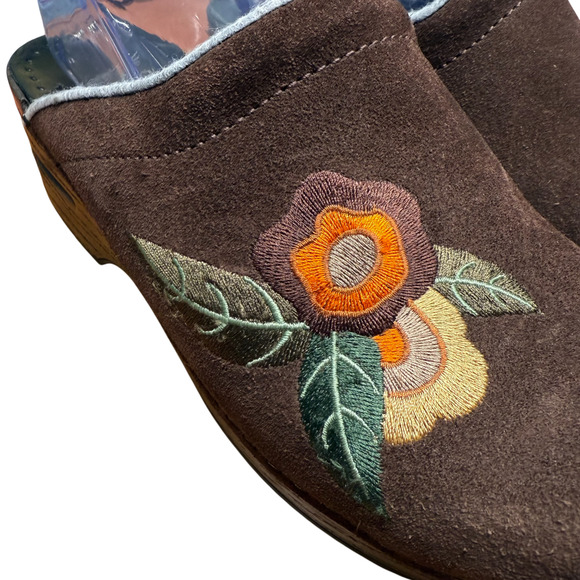DANSKO 39/US8.5-9 Brown Suede Comfort Clog Orange Floral Embroidery Mules READ - Picture 9 of 12